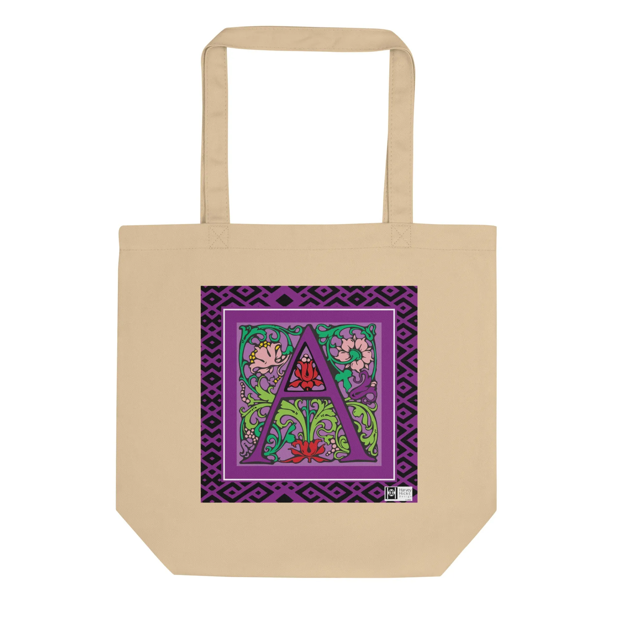 100% Organic Cotton Eco-Tote Featuring Decorative Lettering, “A”