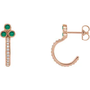 14K Rose Emerald & 1/4 CTW Diamond J-Hoop Earrings