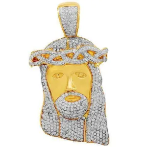14K Solid Yellow Gold Mens Diamond Jesus Head Pendant 14.25 Ctw