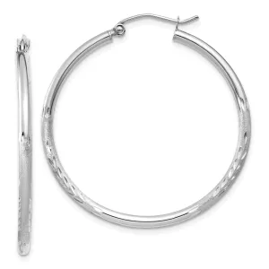 14k White Gold Satin Diamond Cut 2MM Round Hoop