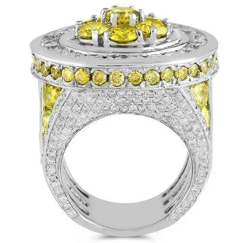 14K White Solid Gold Mens Diamond Custom Ring with Yellow Diamonds 14.18 Ctw