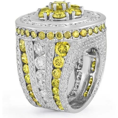 14K White Solid Gold Mens Diamond Custom Ring with Yellow Diamonds 14.18 Ctw