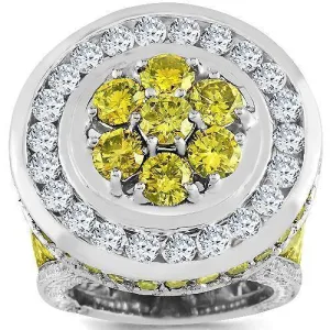 14K White Solid Gold Mens Diamond Custom Ring with Yellow Diamonds 14.18 Ctw