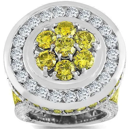 14K White Solid Gold Mens Diamond Custom Ring with Yellow Diamonds 14.18 Ctw