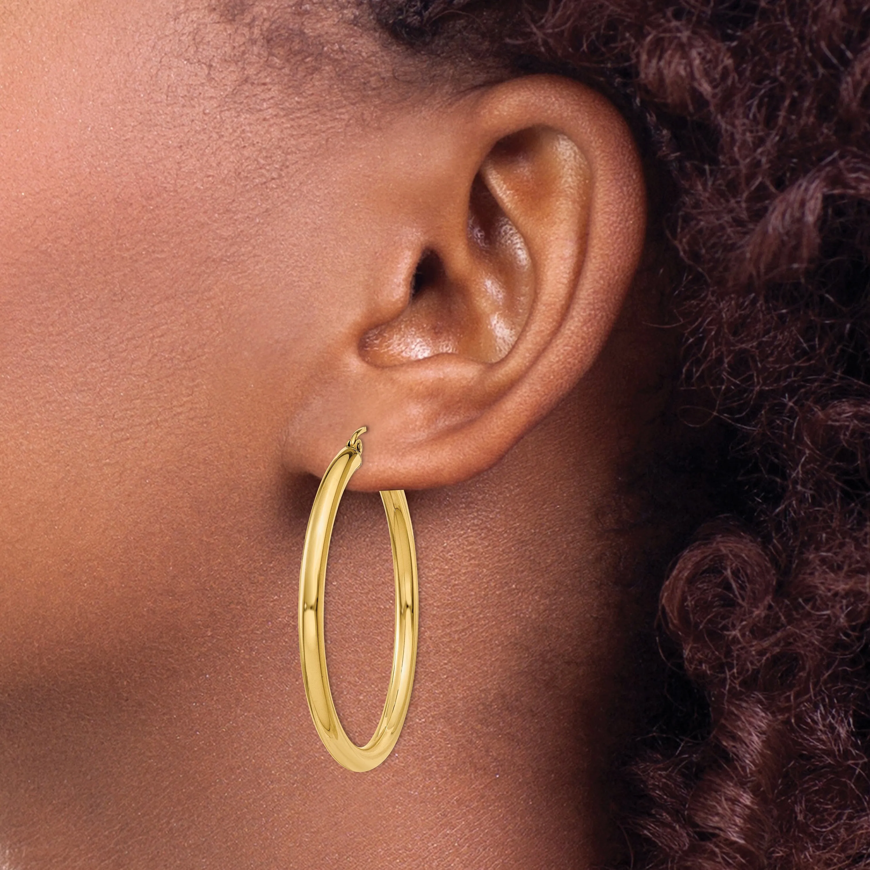 14k Yellow Gold Polished 3MM Round Hoop Earrings
