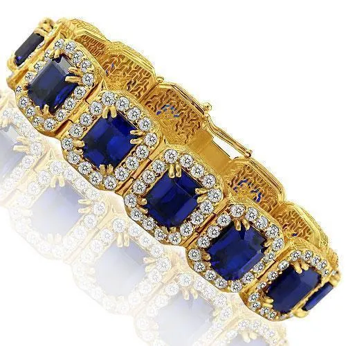 14K Yellow Solid Gold Mens Diamond Blue Sapphire Bracelet 56.00 Ctw