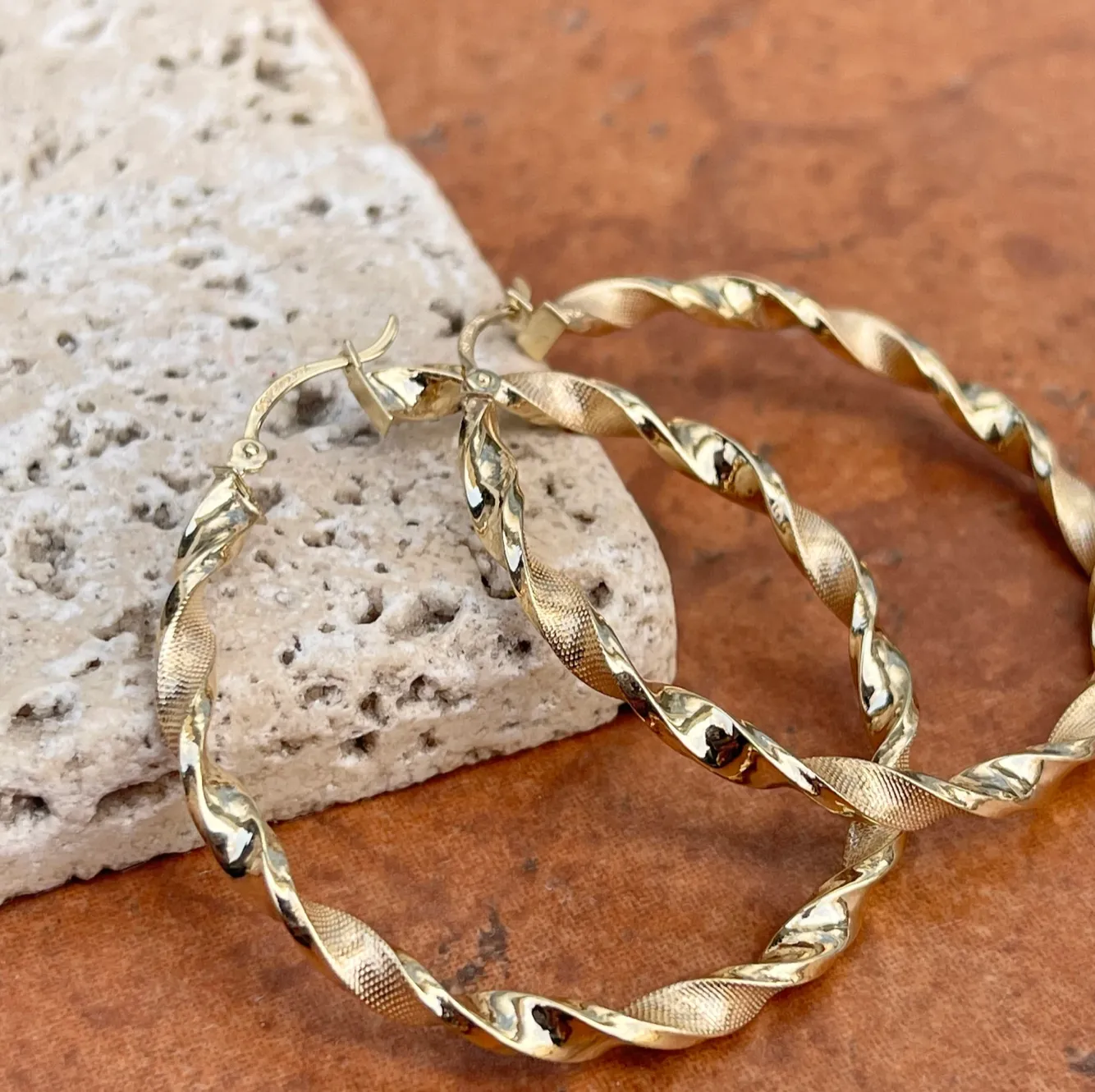 14KT Yellow Gold Satin   Shiny Twisted Tube Hoop Earrings 39mm