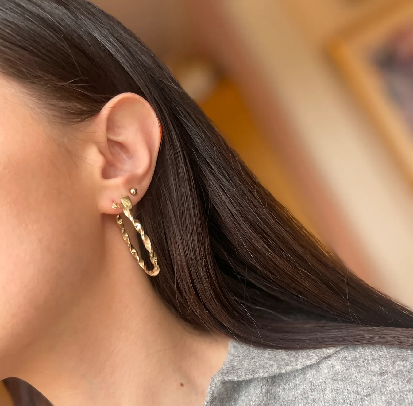 14KT Yellow Gold Satin   Shiny Twisted Tube Hoop Earrings 39mm