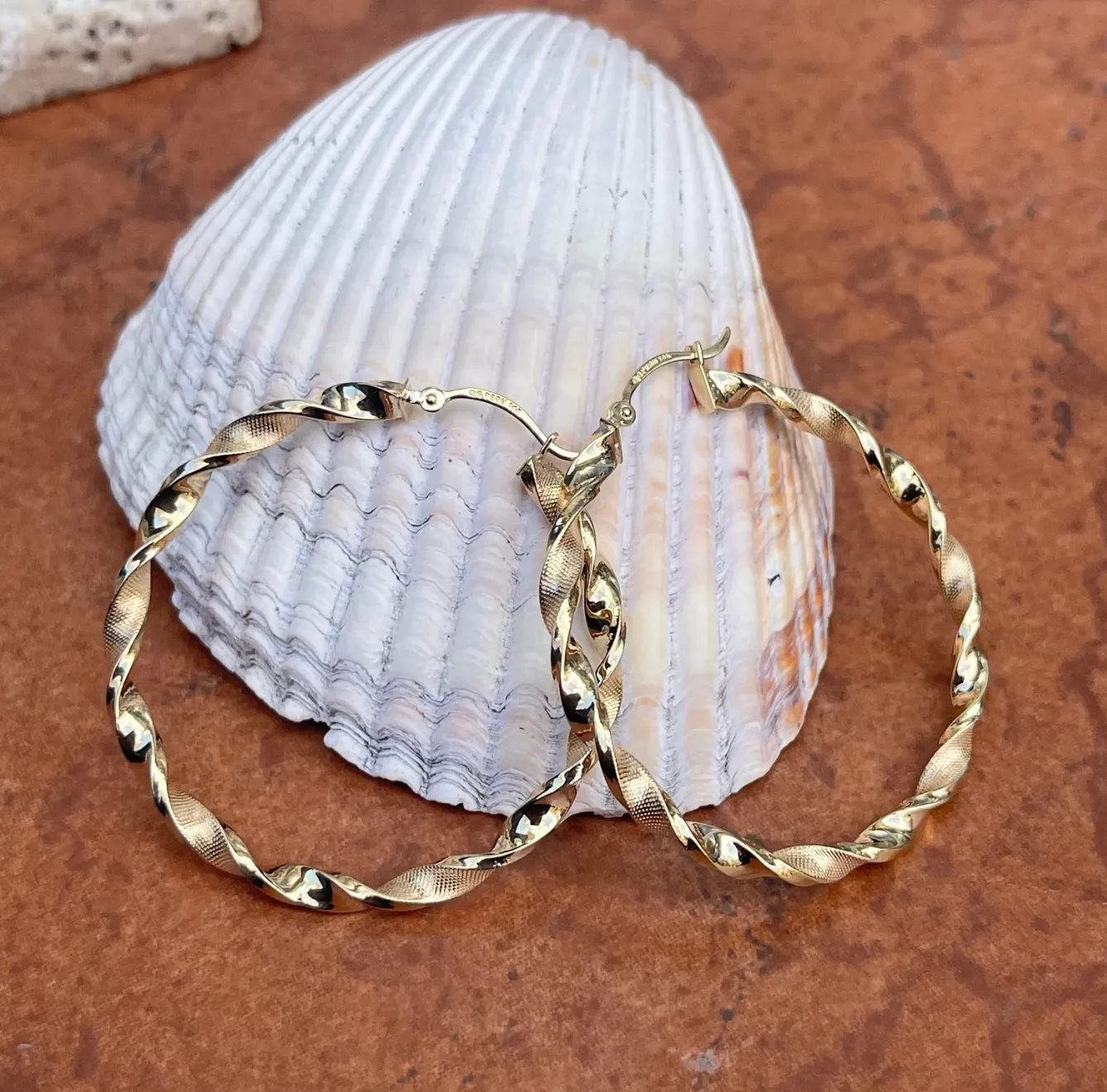 14KT Yellow Gold Satin   Shiny Twisted Tube Hoop Earrings 39mm