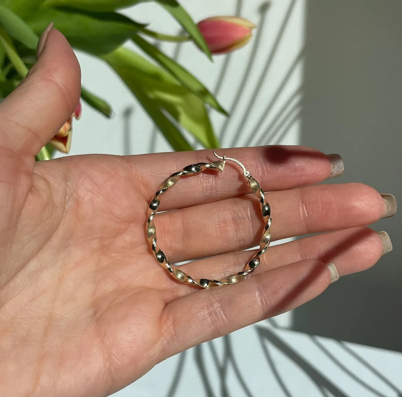14KT Yellow Gold Satin   Shiny Twisted Tube Hoop Earrings 39mm