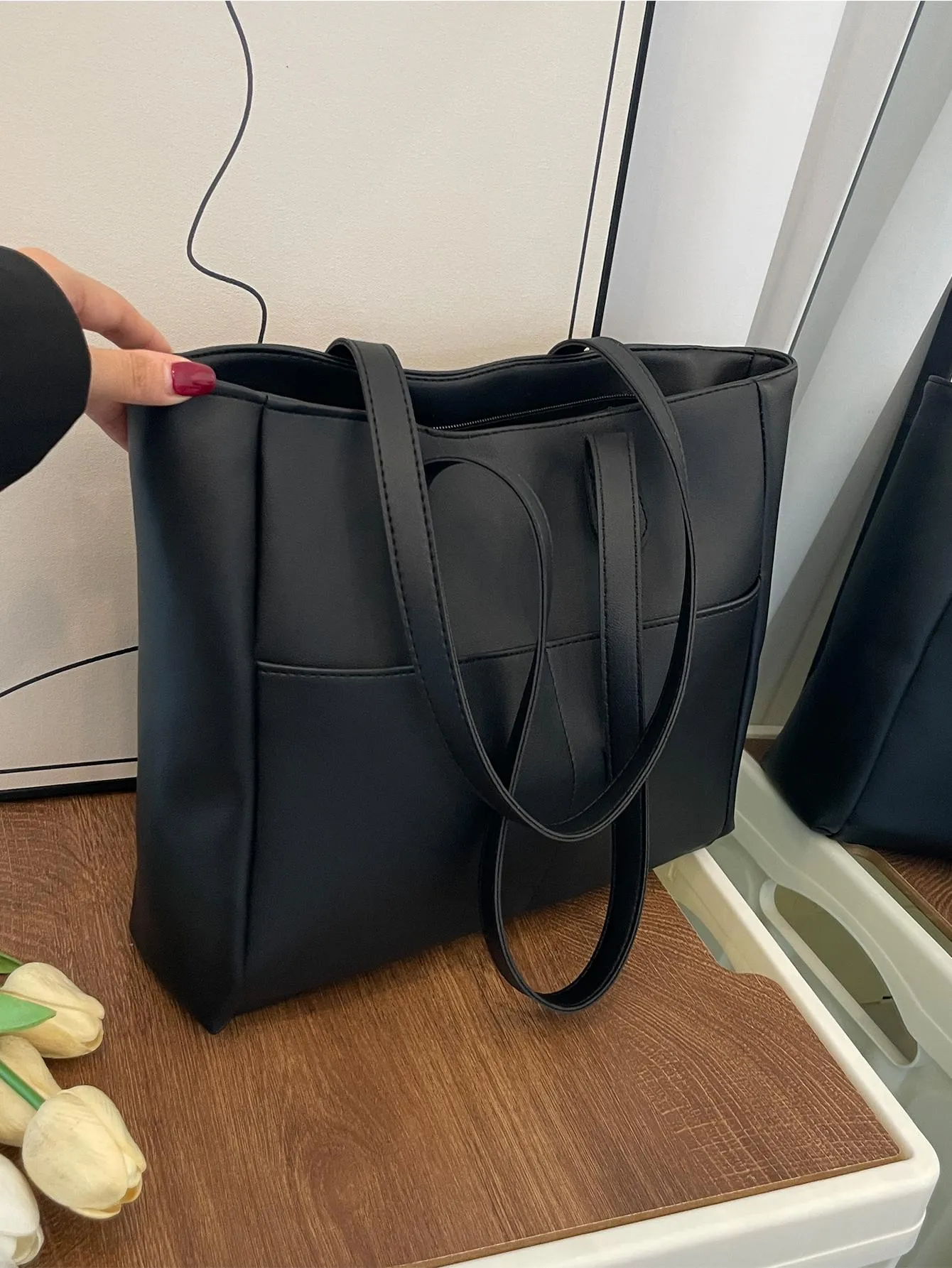 1pc Large Capacity Pu Leather Tote Bag
