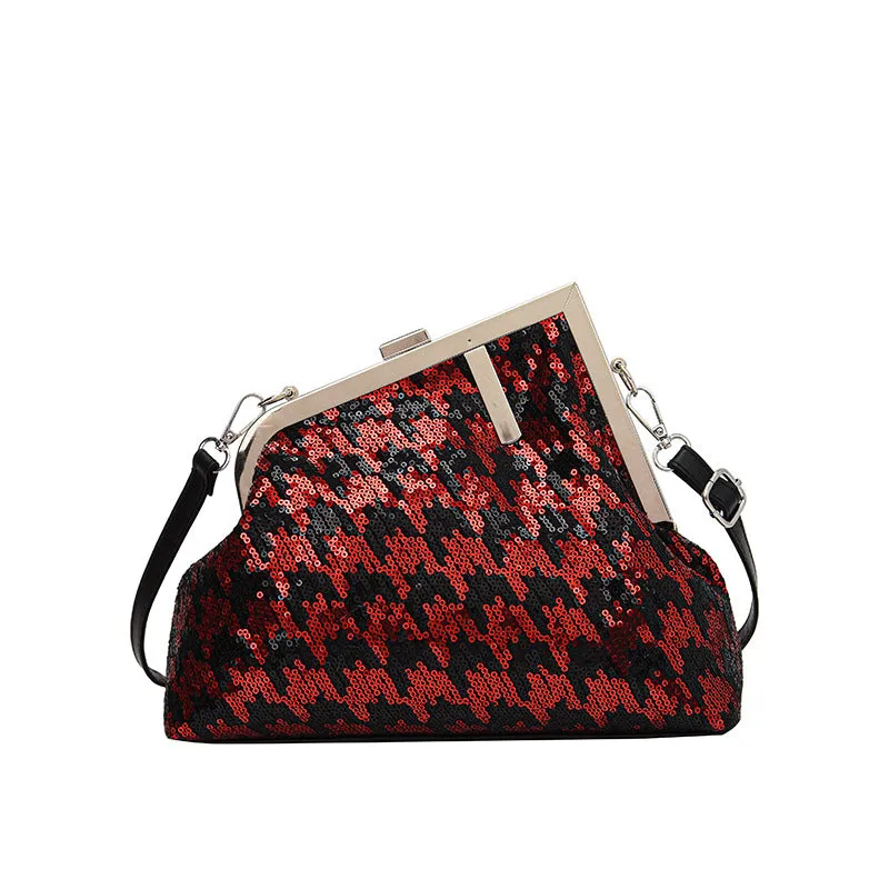 2023Sequined Irregular Houndstooth Small Square Bag Shoulder Messenger BaginsWomen's Clipped Button Women's Bag Fashion Underarm Bag