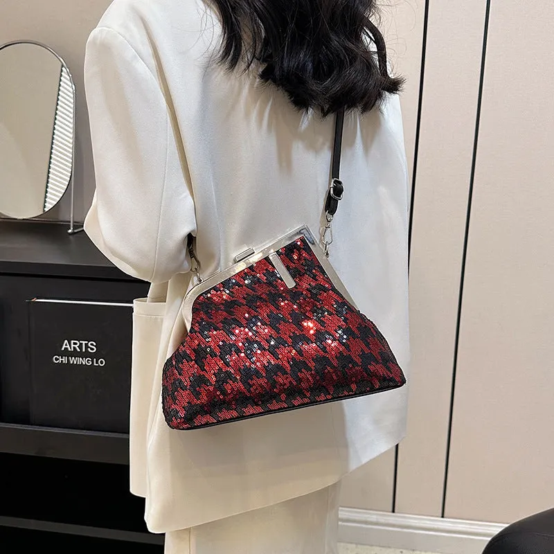2023Sequined Irregular Houndstooth Small Square Bag Shoulder Messenger BaginsWomen's Clipped Button Women's Bag Fashion Underarm Bag