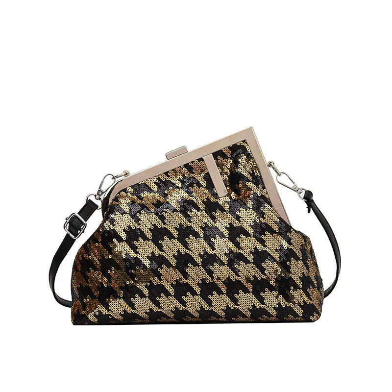2023Sequined Irregular Houndstooth Small Square Bag Shoulder Messenger BaginsWomen's Clipped Button Women's Bag Fashion Underarm Bag