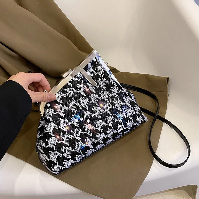 2023Sequined Irregular Houndstooth Small Square Bag Shoulder Messenger BaginsWomen's Clipped Button Women's Bag Fashion Underarm Bag