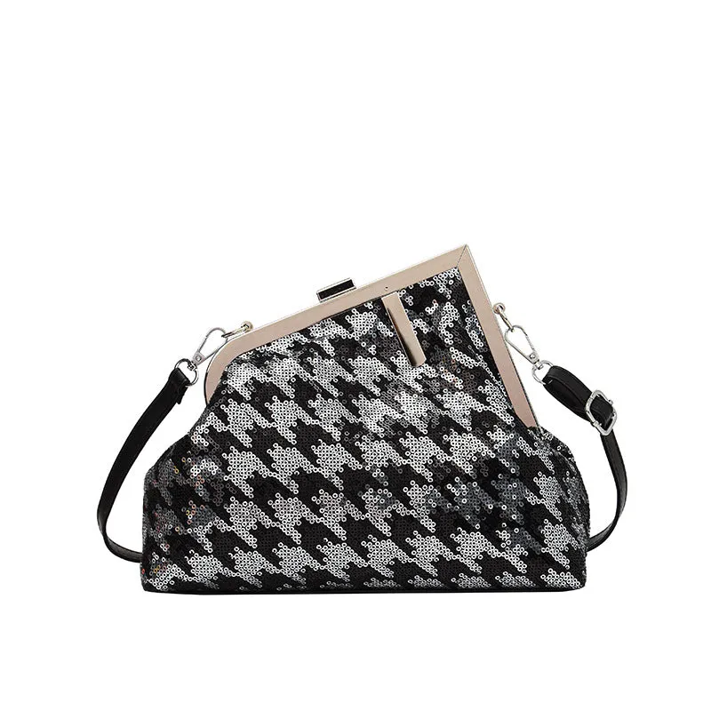 2023Sequined Irregular Houndstooth Small Square Bag Shoulder Messenger BaginsWomen's Clipped Button Women's Bag Fashion Underarm Bag