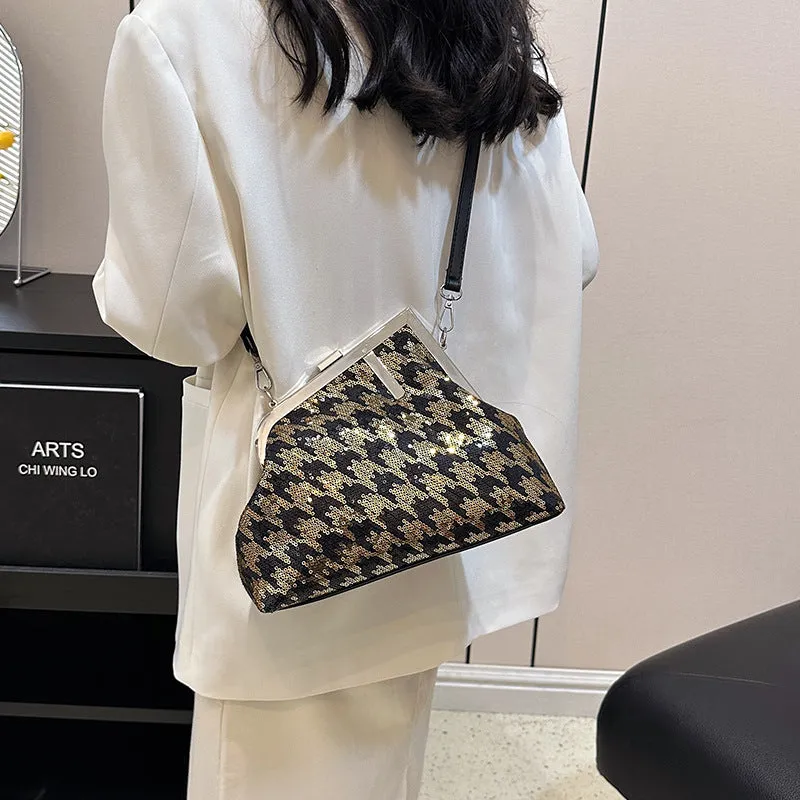 2023Sequined Irregular Houndstooth Small Square Bag Shoulder Messenger BaginsWomen's Clipped Button Women's Bag Fashion Underarm Bag