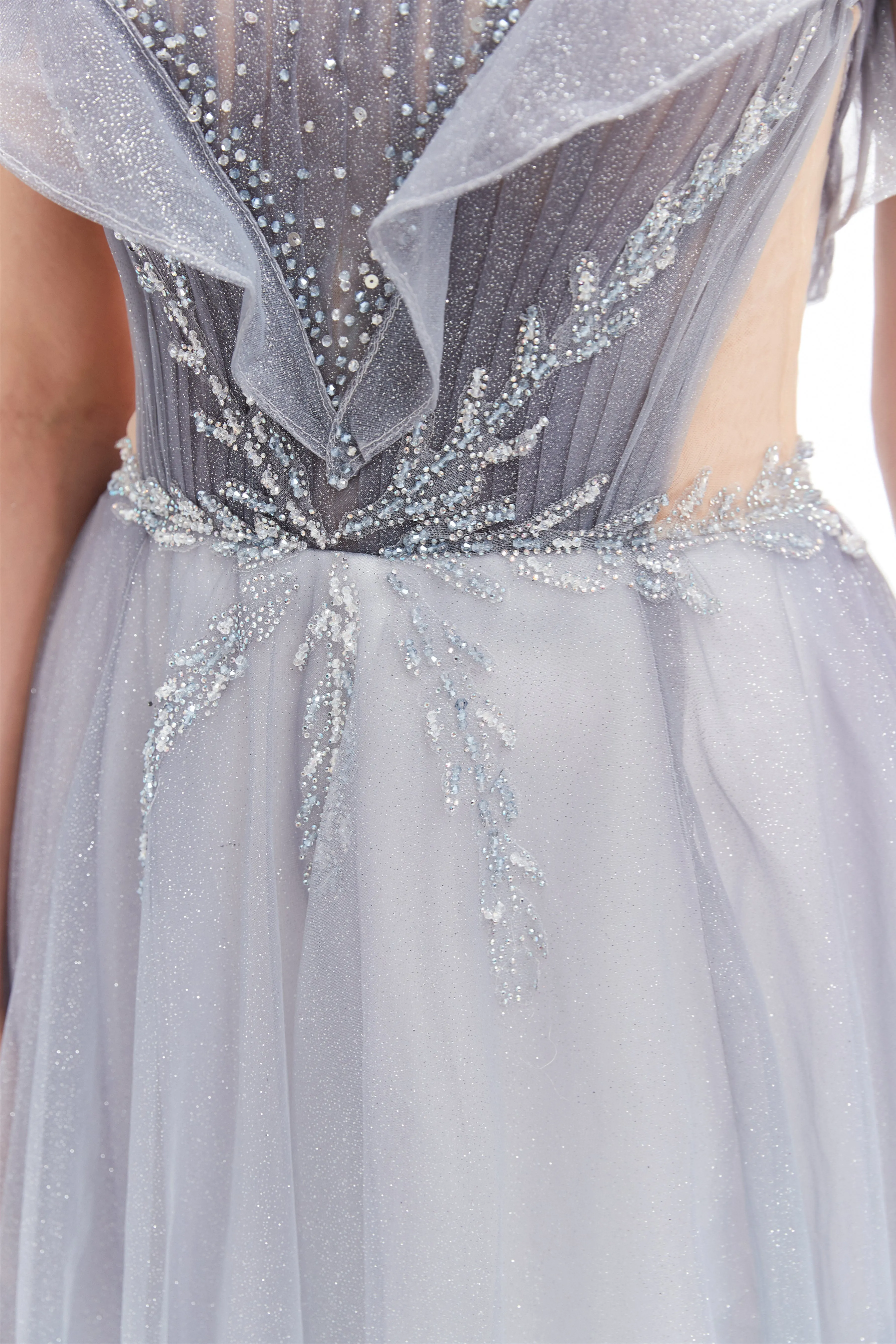 A-line Round Sequined Floor-length Cap Sleeve Open Back Appliques Lace Prom Dress