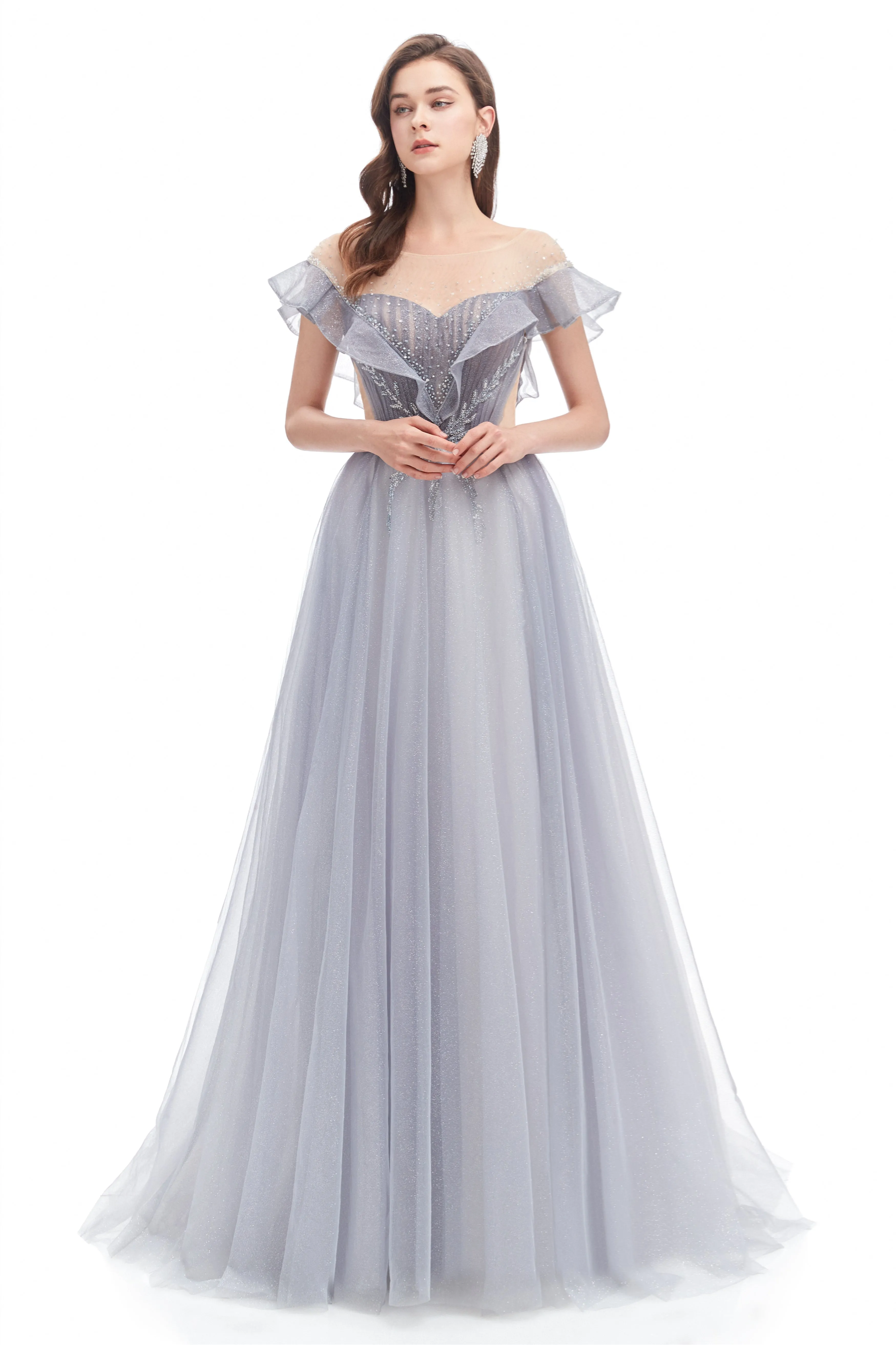 A-line Round Sequined Floor-length Cap Sleeve Open Back Appliques Lace Prom Dress