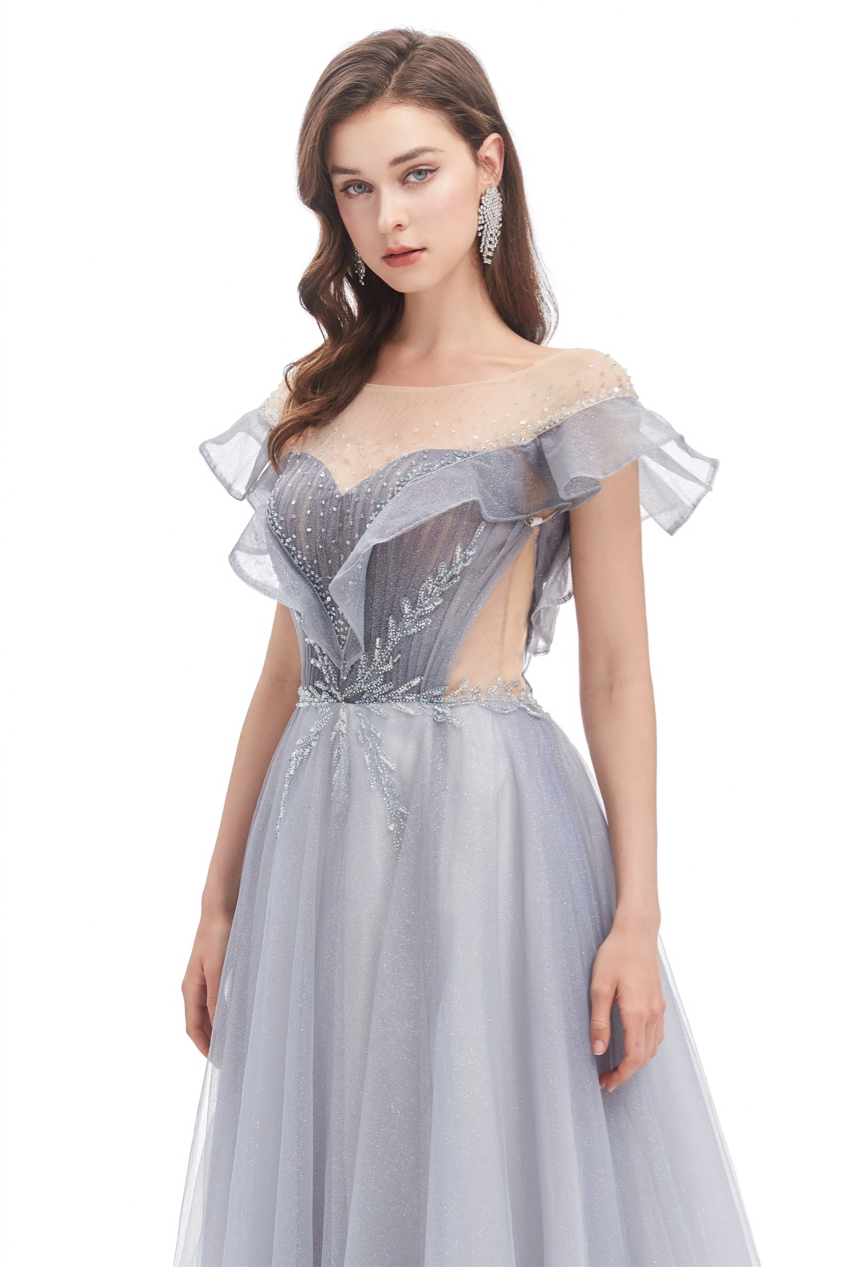 A-line Round Sequined Floor-length Cap Sleeve Open Back Appliques Lace Prom Dress
