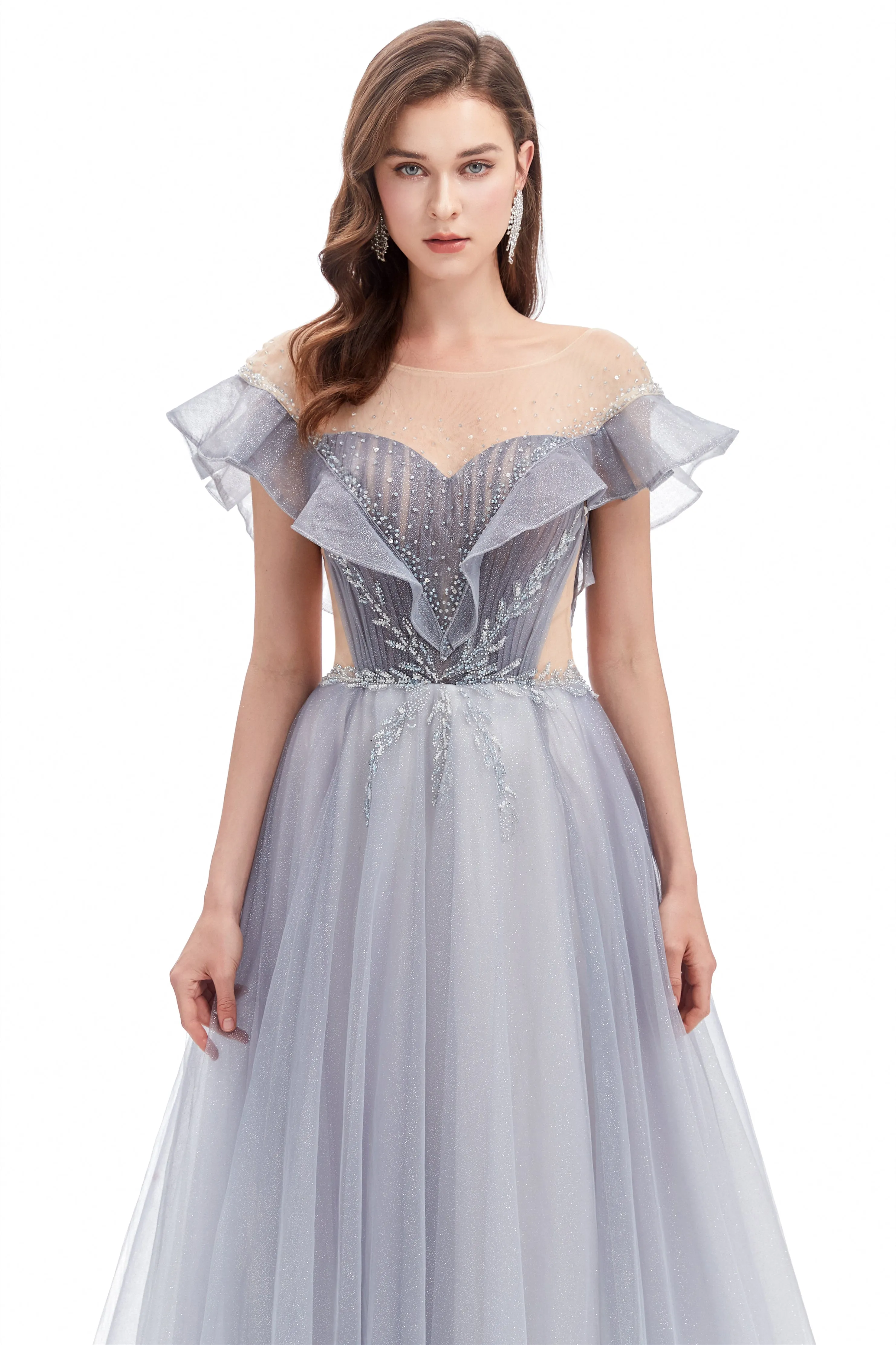A-line Round Sequined Floor-length Cap Sleeve Open Back Appliques Lace Prom Dress
