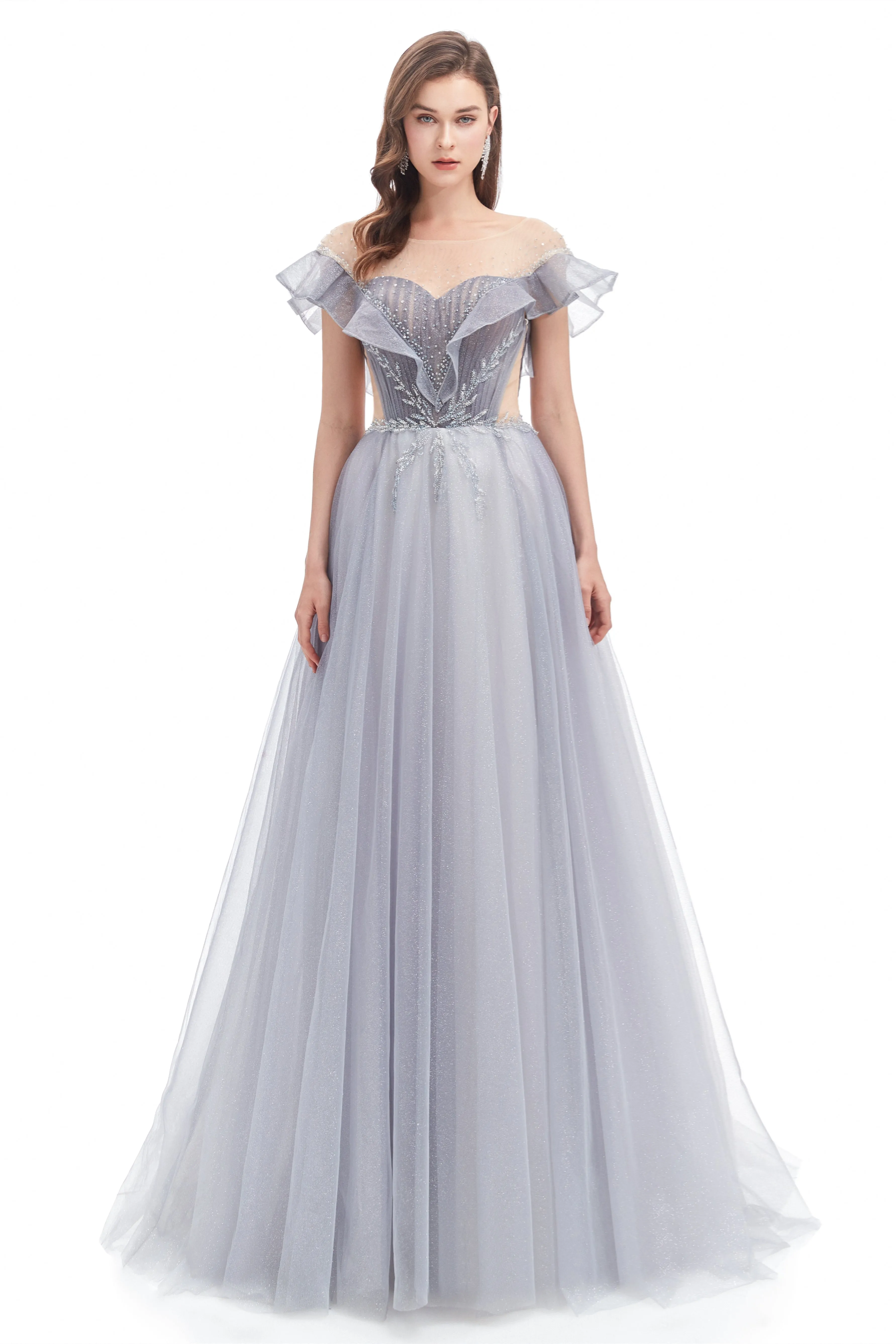 A-line Round Sequined Floor-length Cap Sleeve Open Back Appliques Lace Prom Dress