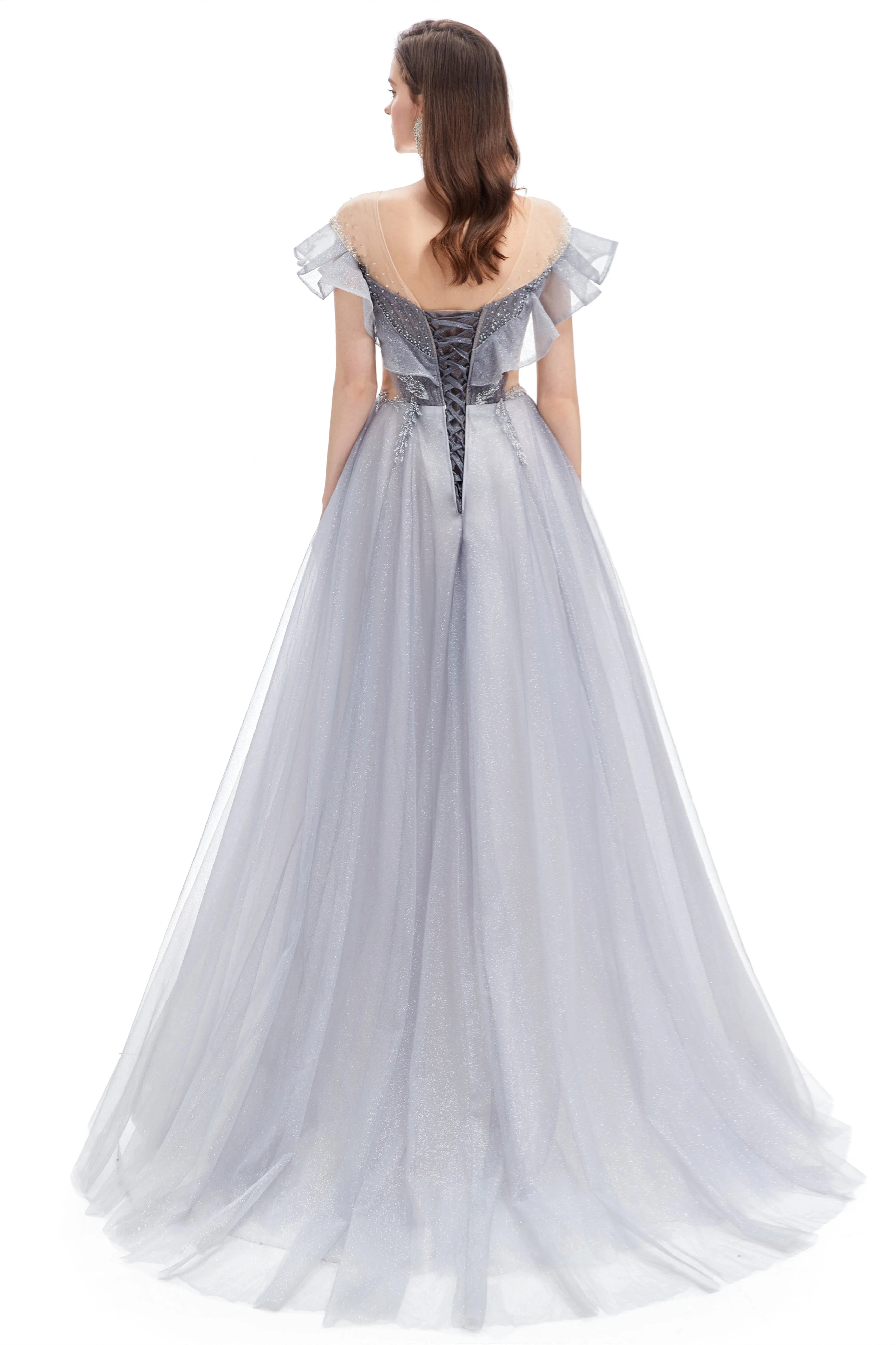 A-line Round Sequined Floor-length Cap Sleeve Open Back Appliques Lace Prom Dress