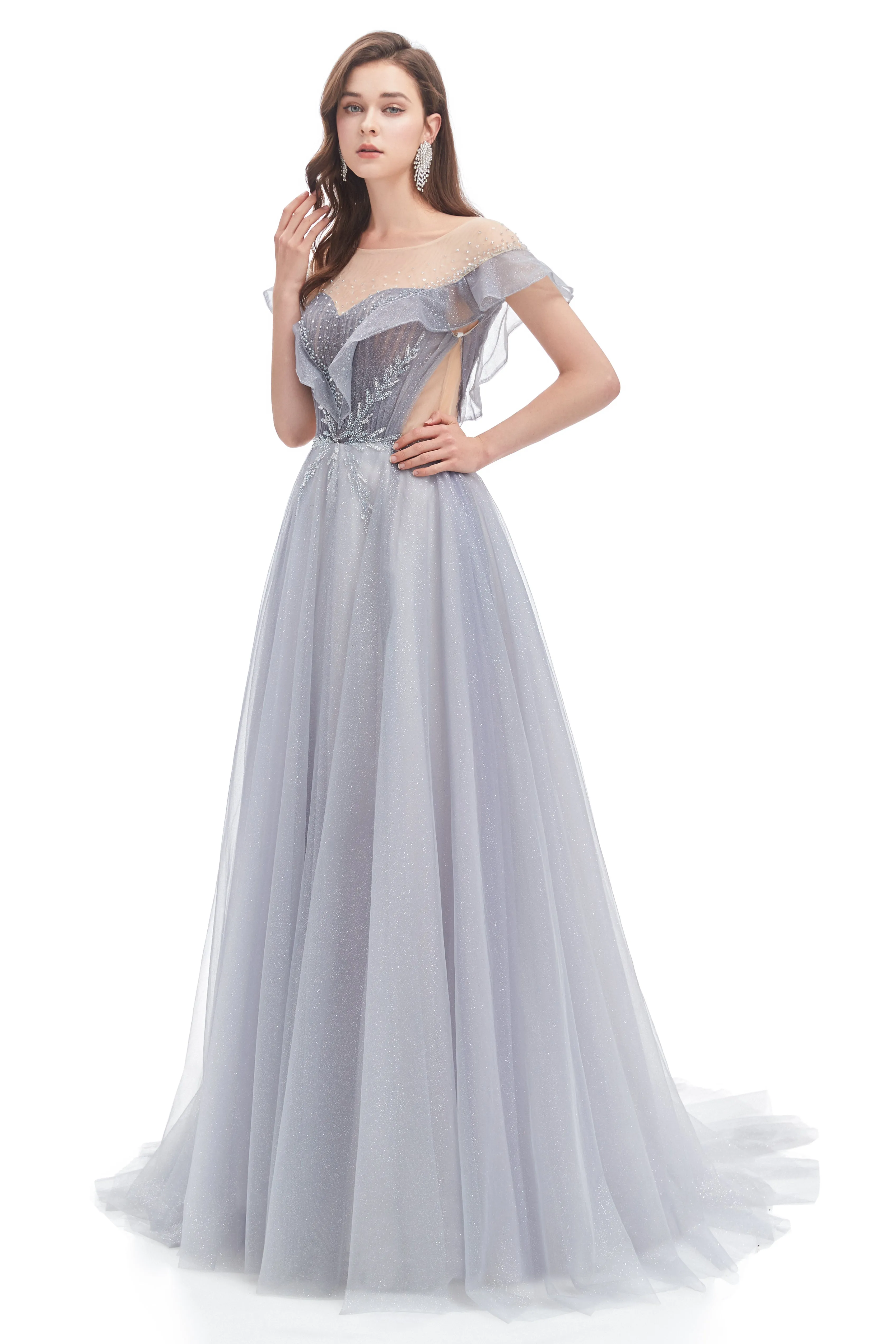 A-line Round Sequined Floor-length Cap Sleeve Open Back Appliques Lace Prom Dress