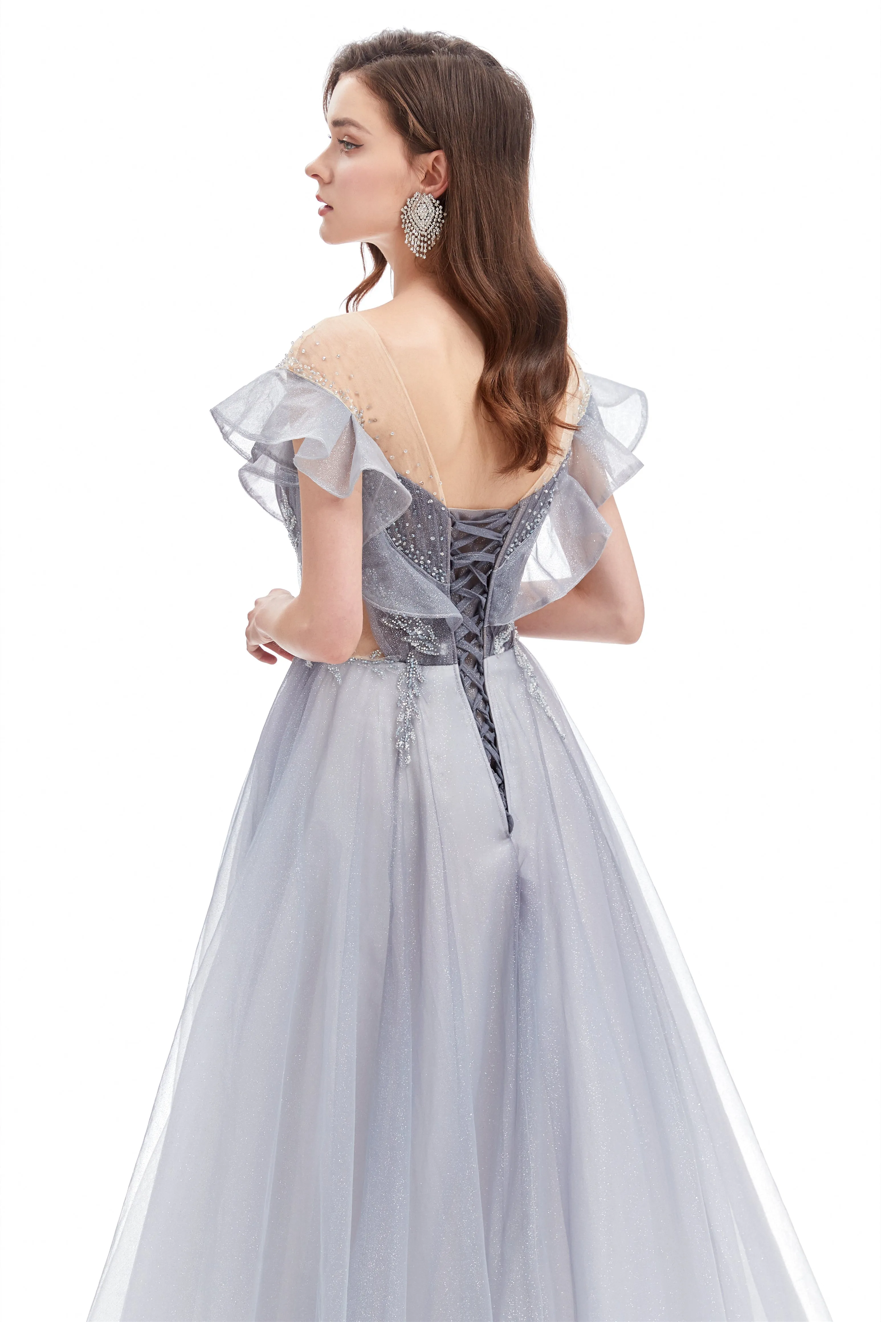 A-line Round Sequined Floor-length Cap Sleeve Open Back Appliques Lace Prom Dress