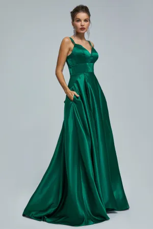 A-line Spaghetti strap Sweetheart Satin Floor-length Sleeveless Backless High Split Prom Dress