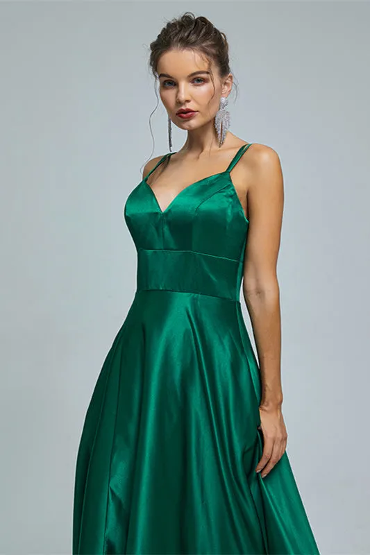A-line Spaghetti strap Sweetheart Satin Floor-length Sleeveless Backless High Split Prom Dress