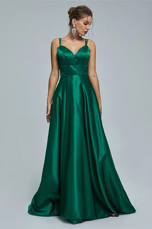 A-line Spaghetti strap Sweetheart Satin Floor-length Sleeveless Backless High Split Prom Dress