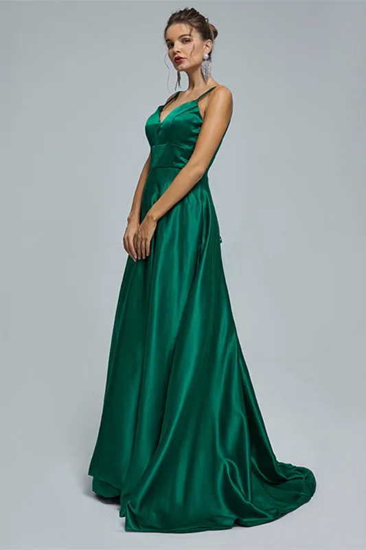 A-line Spaghetti strap Sweetheart Satin Floor-length Sleeveless Backless High Split Prom Dress