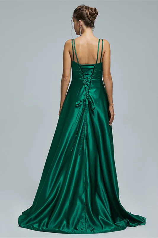A-line Spaghetti strap Sweetheart Satin Floor-length Sleeveless Backless High Split Prom Dress