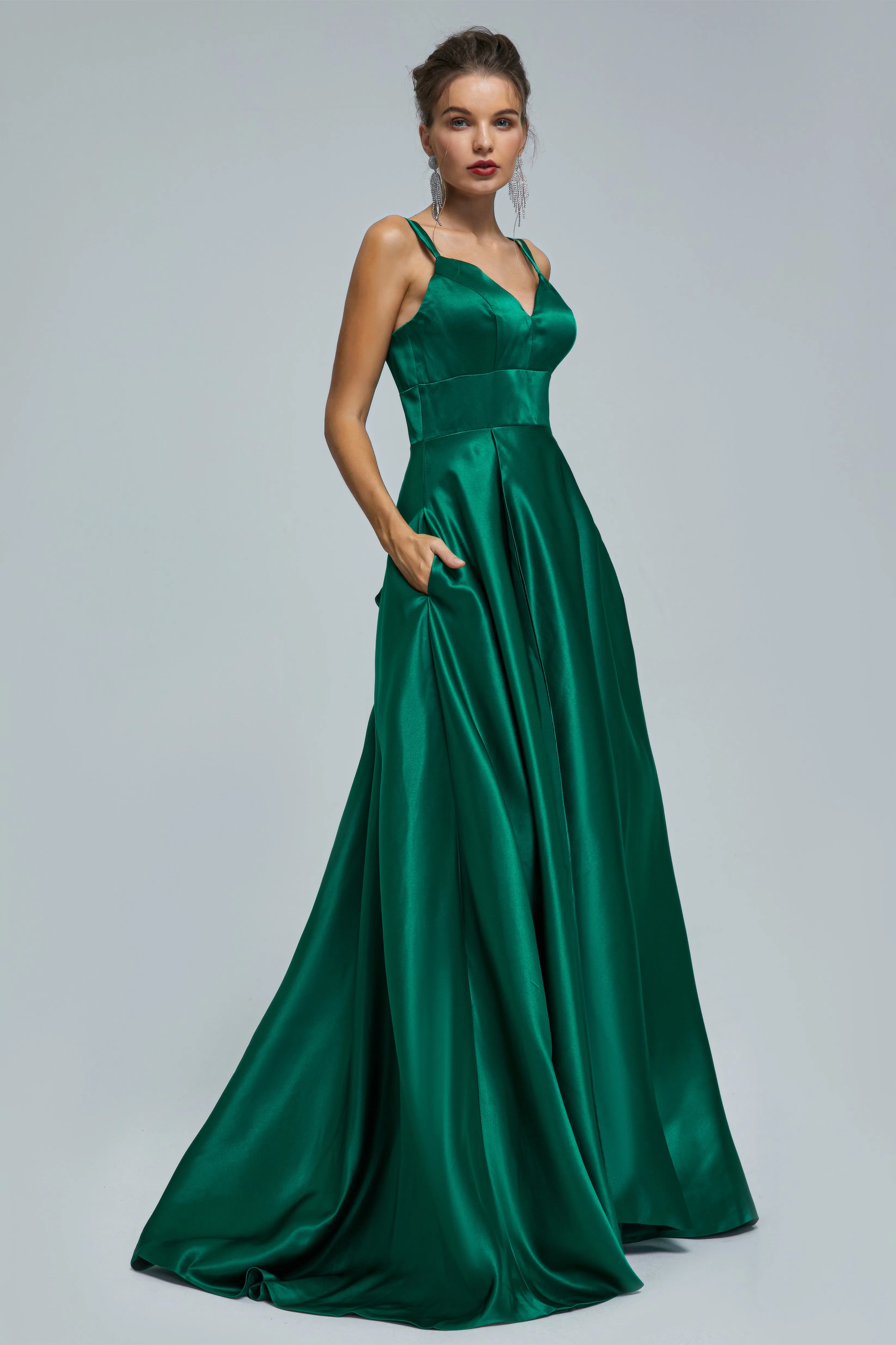 A-line Spaghetti strap Sweetheart Satin Floor-length Sleeveless Backless High Split Prom Dress