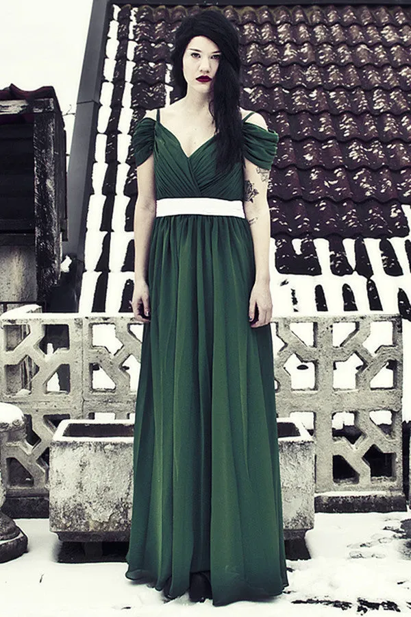 A-line V-neck Spaghetti Strap Floor Length Chiffon Evening Dress