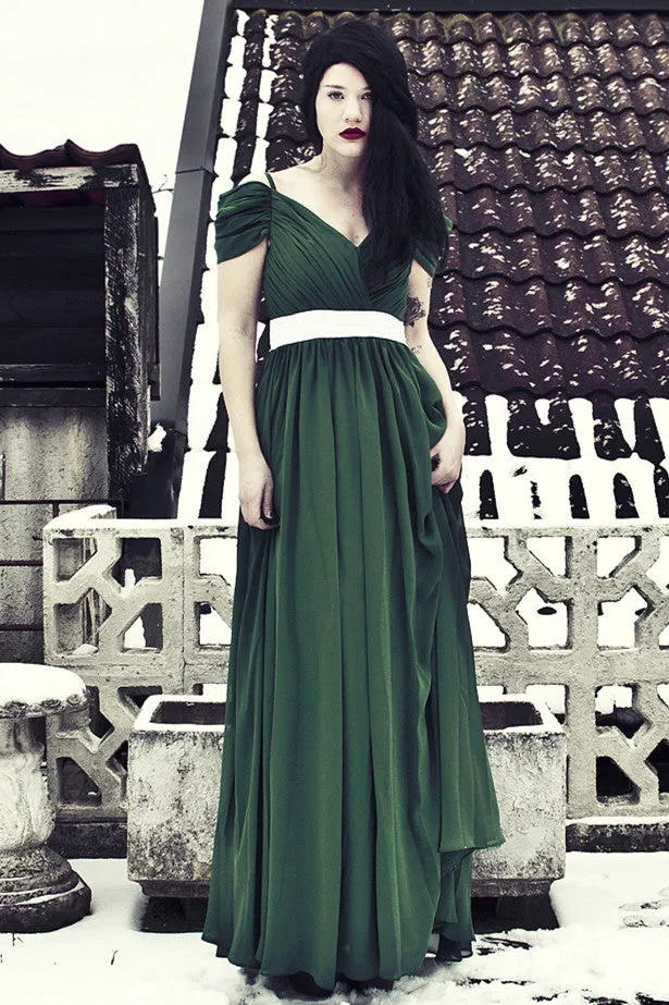 A-line V-neck Spaghetti Strap Floor Length Chiffon Evening Dress