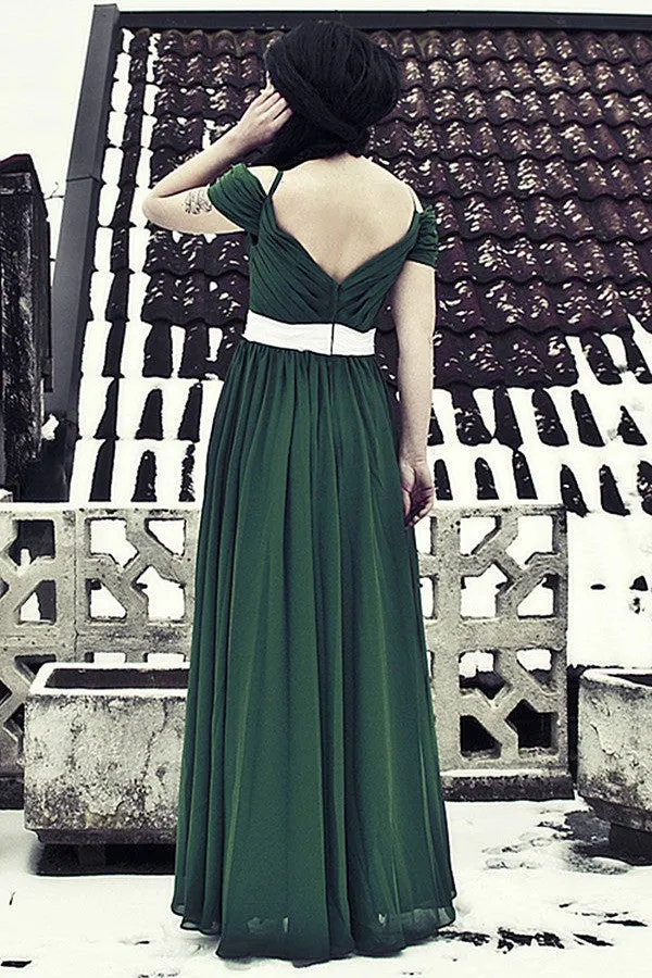 A-line V-neck Spaghetti Strap Floor Length Chiffon Evening Dress
