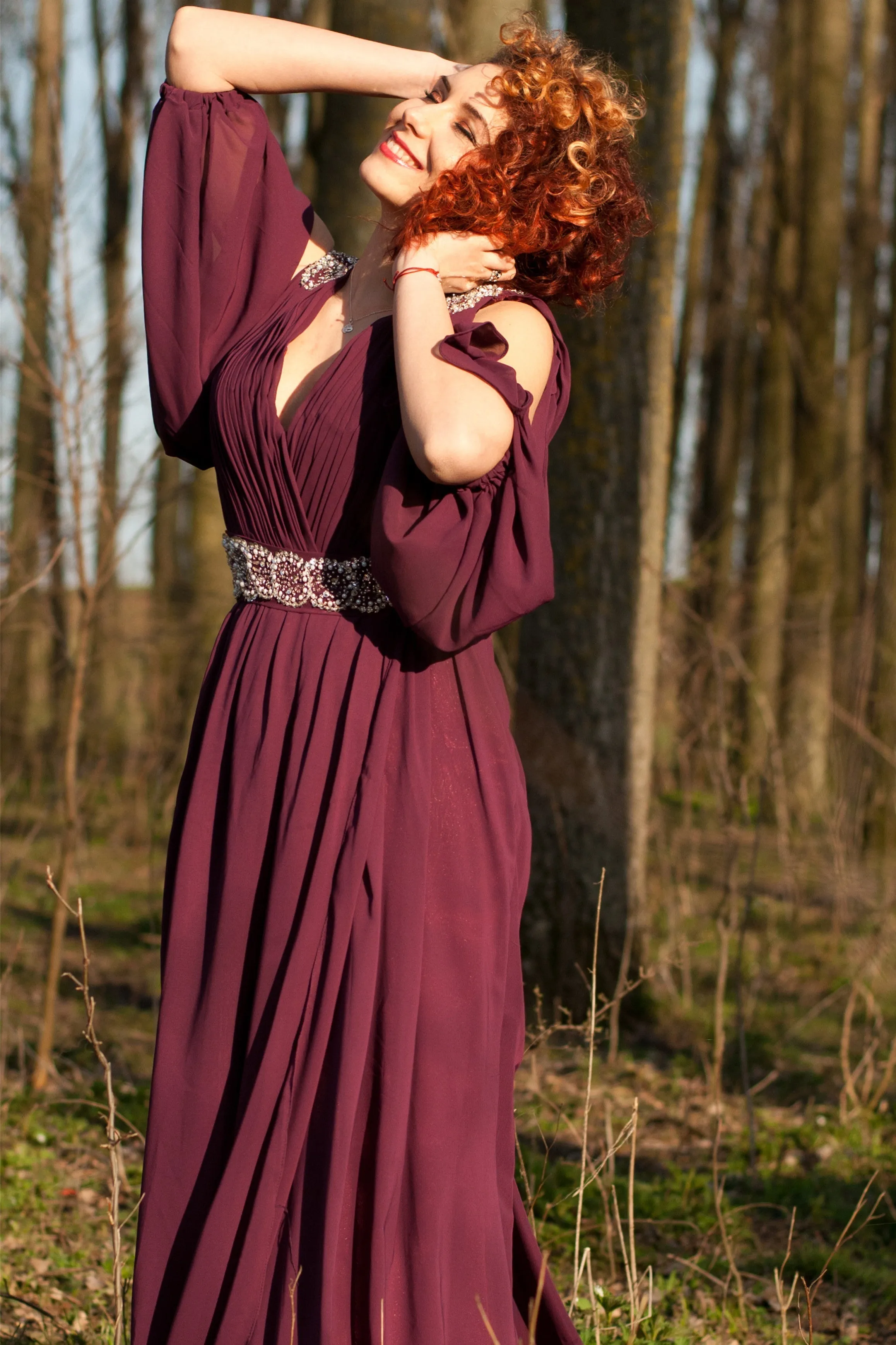 A-line V-neck Wide Strap Floor Length Chiffon Rhinestone Evening Dress