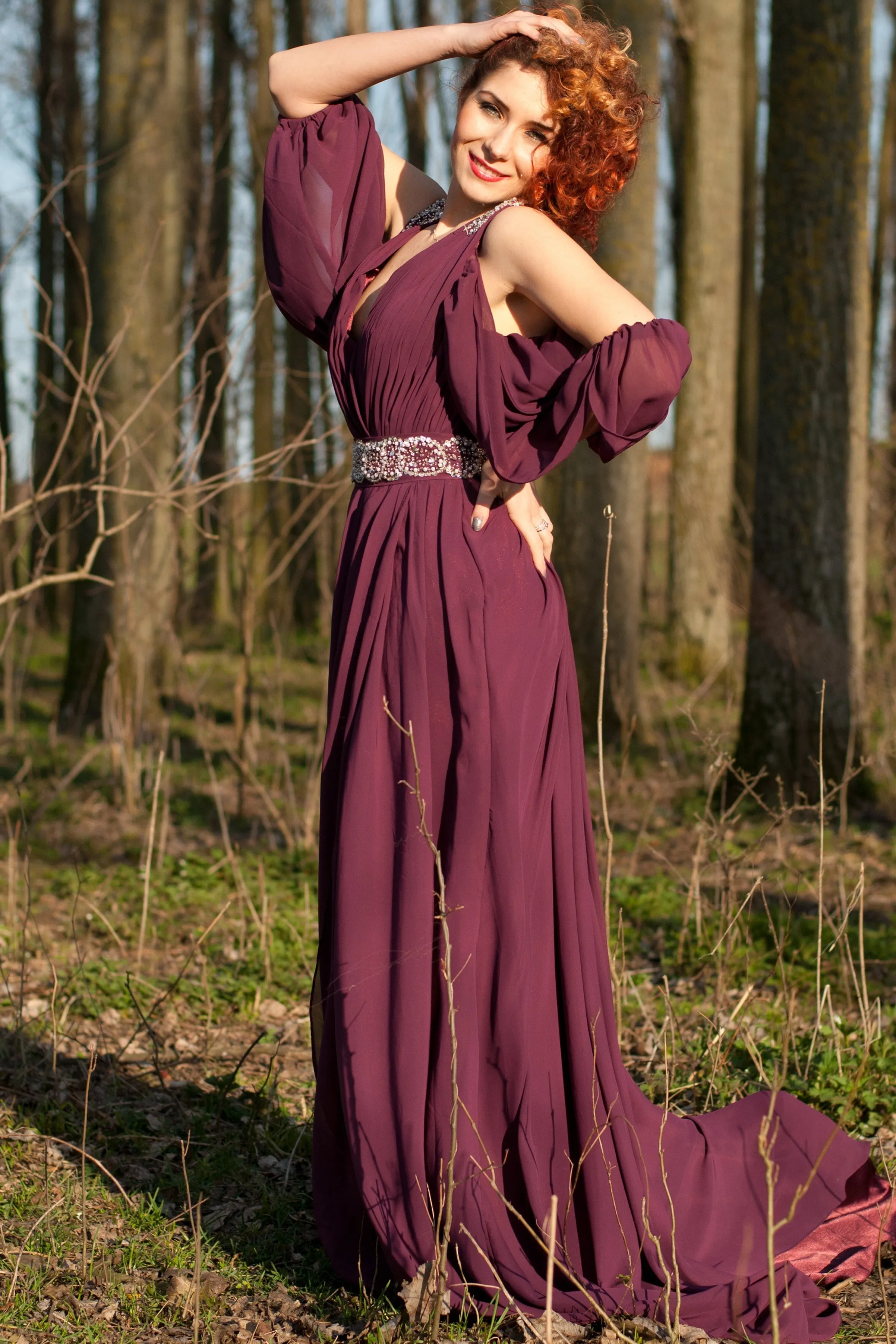 A-line V-neck Wide Strap Floor Length Chiffon Rhinestone Evening Dress
