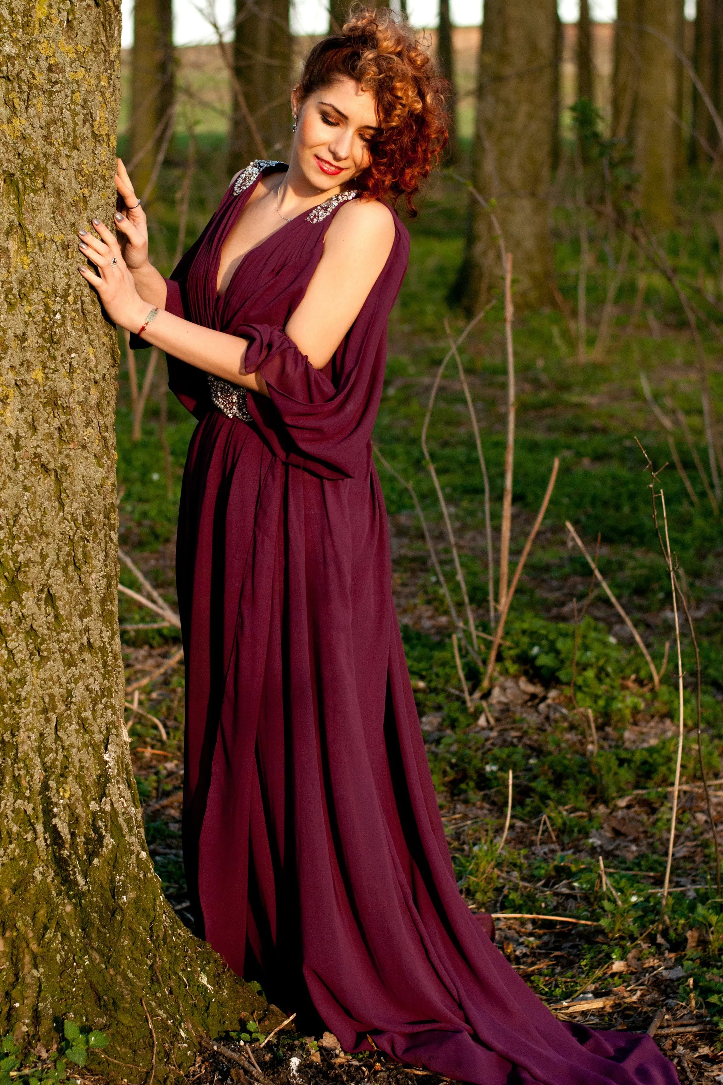 A-line V-neck Wide Strap Floor Length Chiffon Rhinestone Evening Dress