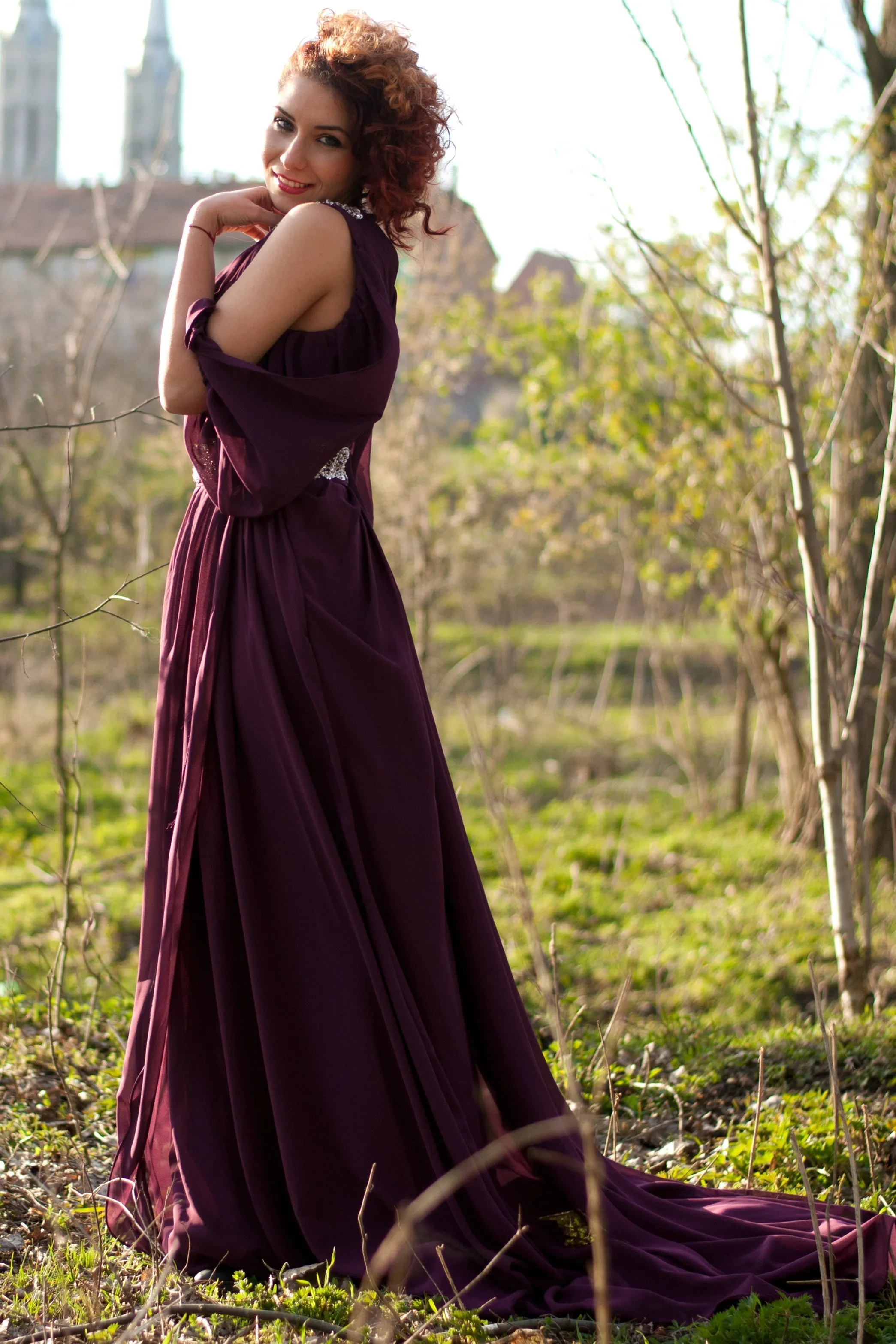 A-line V-neck Wide Strap Floor Length Chiffon Rhinestone Evening Dress