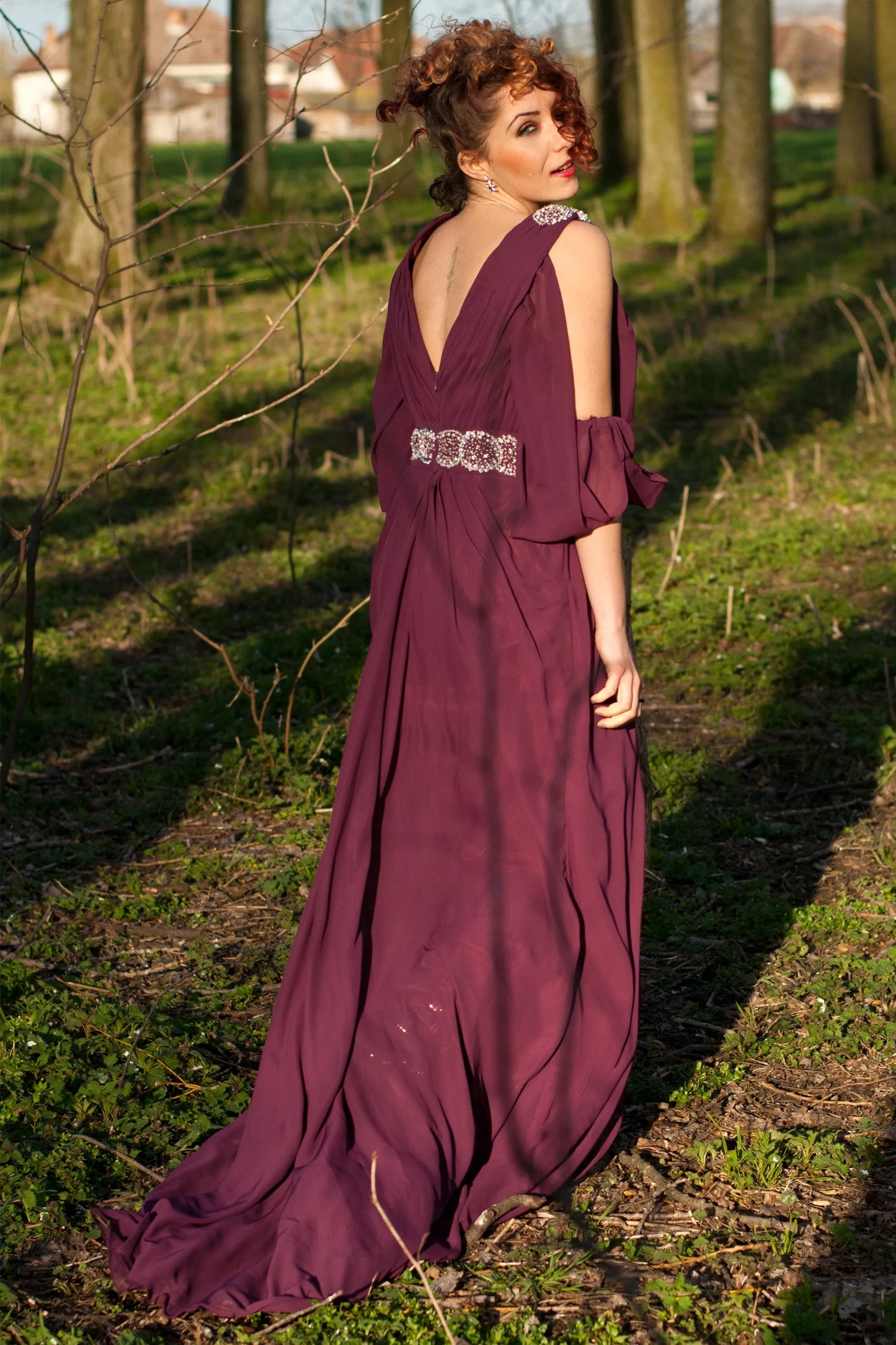 A-line V-neck Wide Strap Floor Length Chiffon Rhinestone Evening Dress
