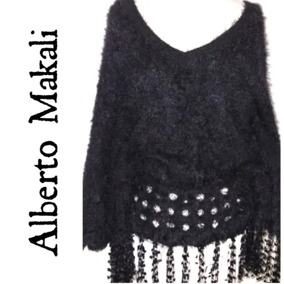 Alberto Makali Black Knitted super soft stylish crocheted sweater Poncho Cape