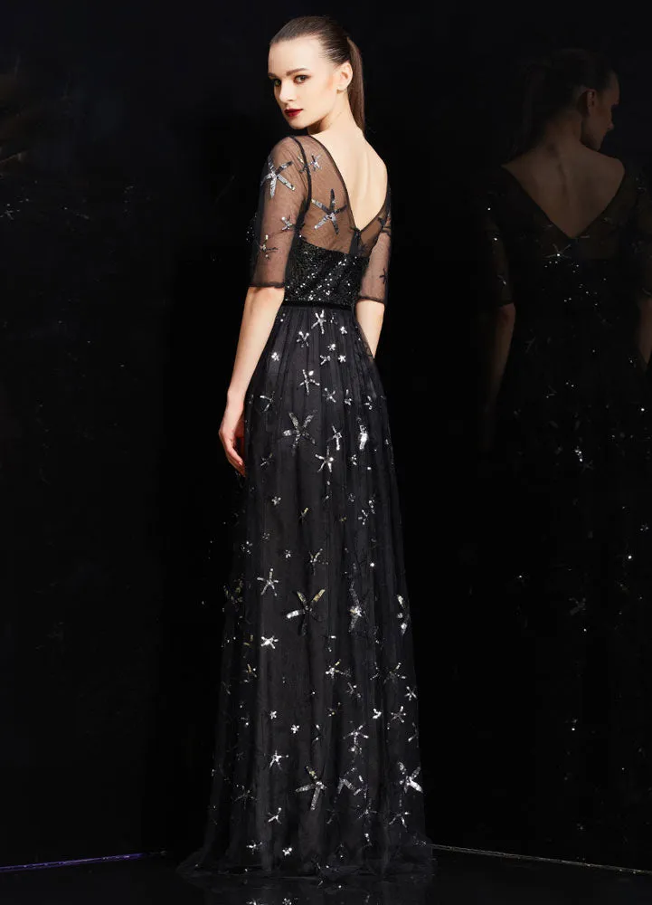 Amazing Bateau Neck Illusion Sweetheart Sequin Star Half Sleeves Tulle evening dress