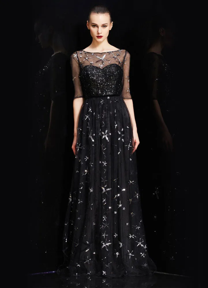 Amazing Bateau Neck Illusion Sweetheart Sequin Star Half Sleeves Tulle evening dress