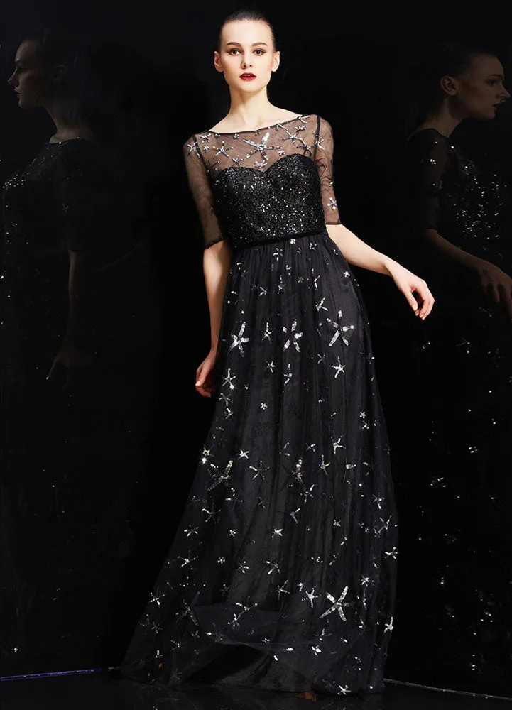 Amazing Bateau Neck Illusion Sweetheart Sequin Star Half Sleeves Tulle evening dress