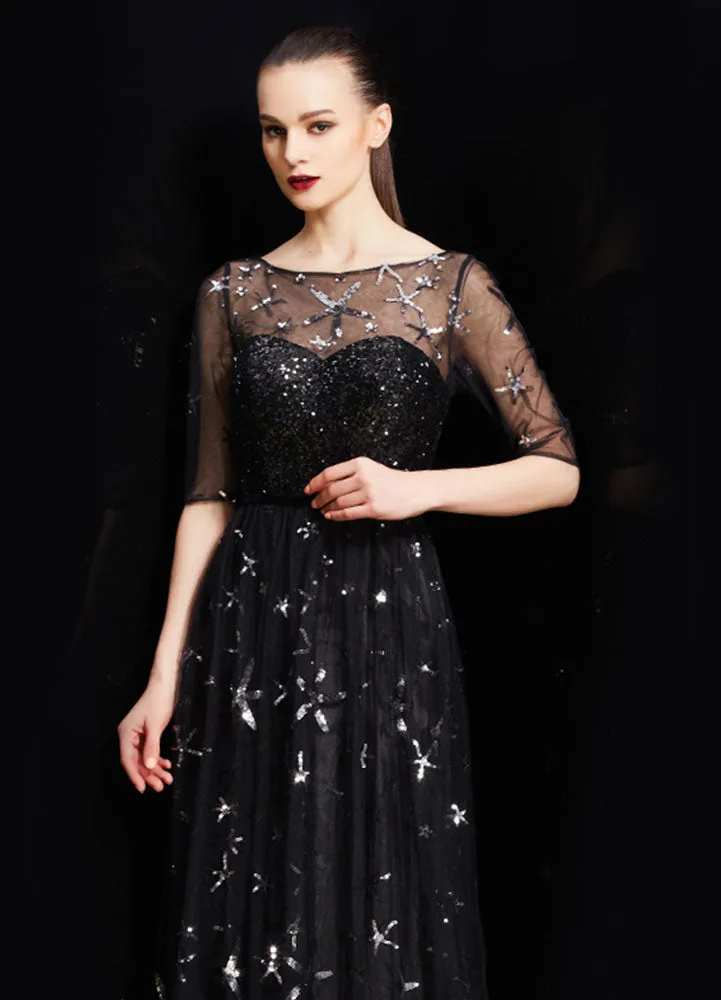 Amazing Bateau Neck Illusion Sweetheart Sequin Star Half Sleeves Tulle evening dress