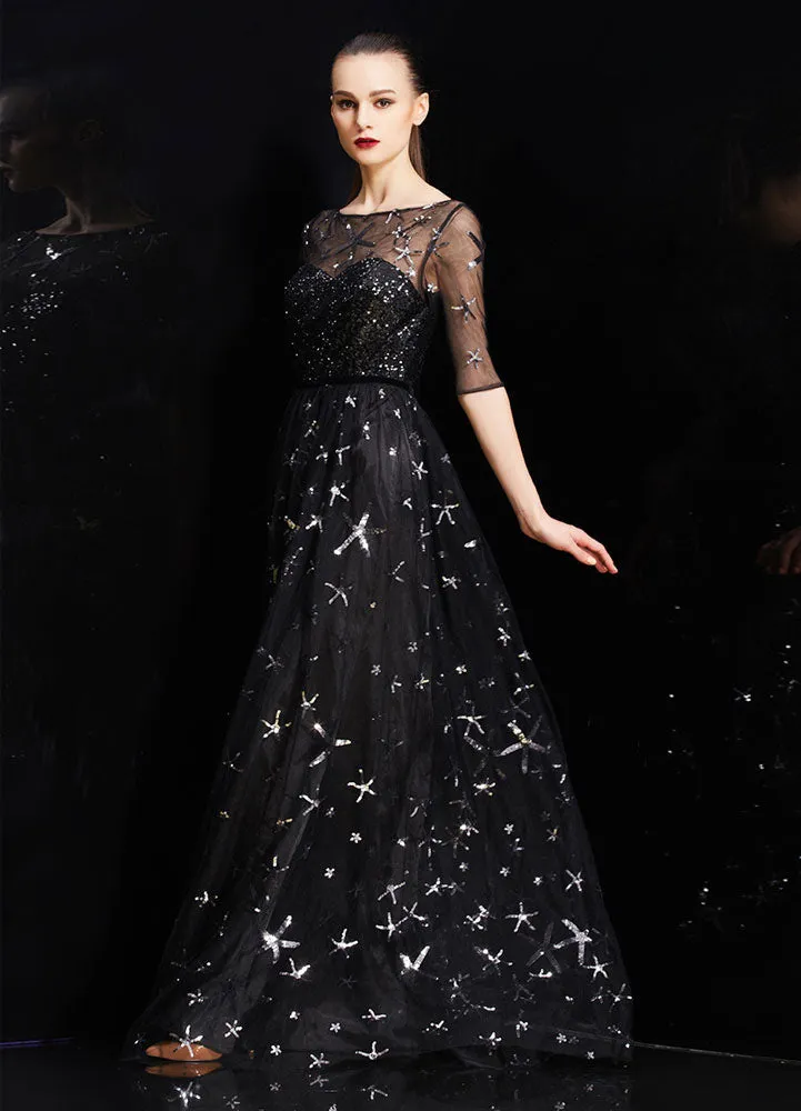 Amazing Bateau Neck Illusion Sweetheart Sequin Star Half Sleeves Tulle evening dress