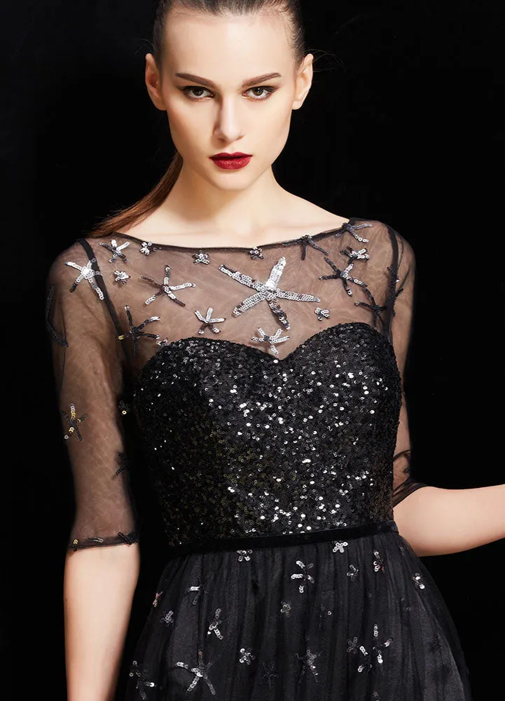 Amazing Bateau Neck Illusion Sweetheart Sequin Star Half Sleeves Tulle evening dress
